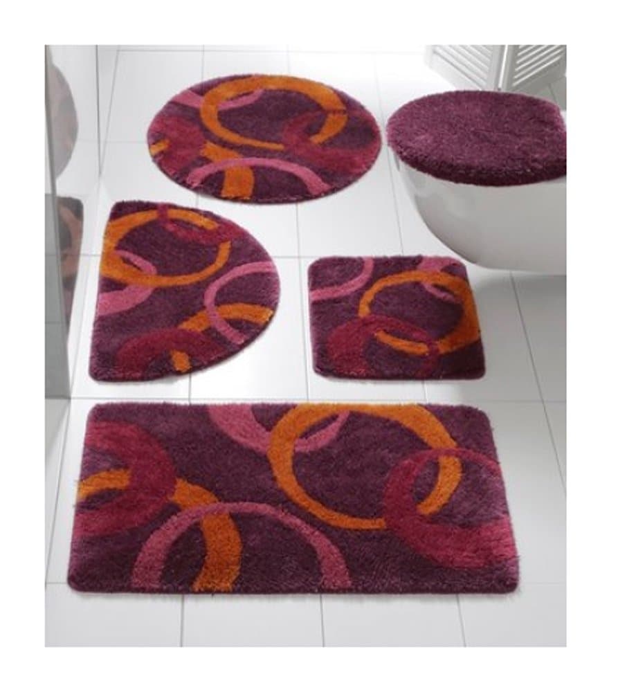 Bath Mat Bath Rug with Circles Aubergine/Orange, Aubergine/Orange, 70 x 110