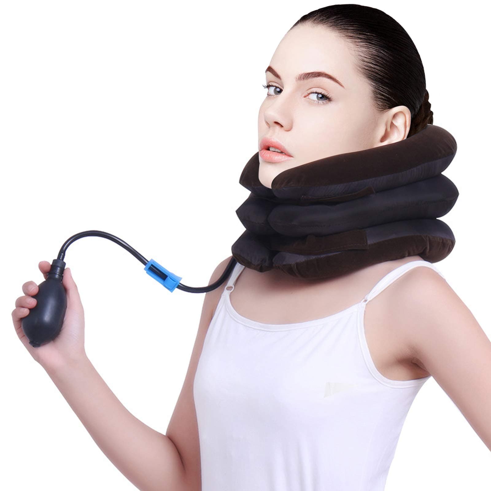 Cervical Neck Traction Device and Instant Pain Relief, Collar Brace, Inflatable Adjustable Support & Stretcher for Spine Alignment Chronic,Neck Pillow Decompression, Brown