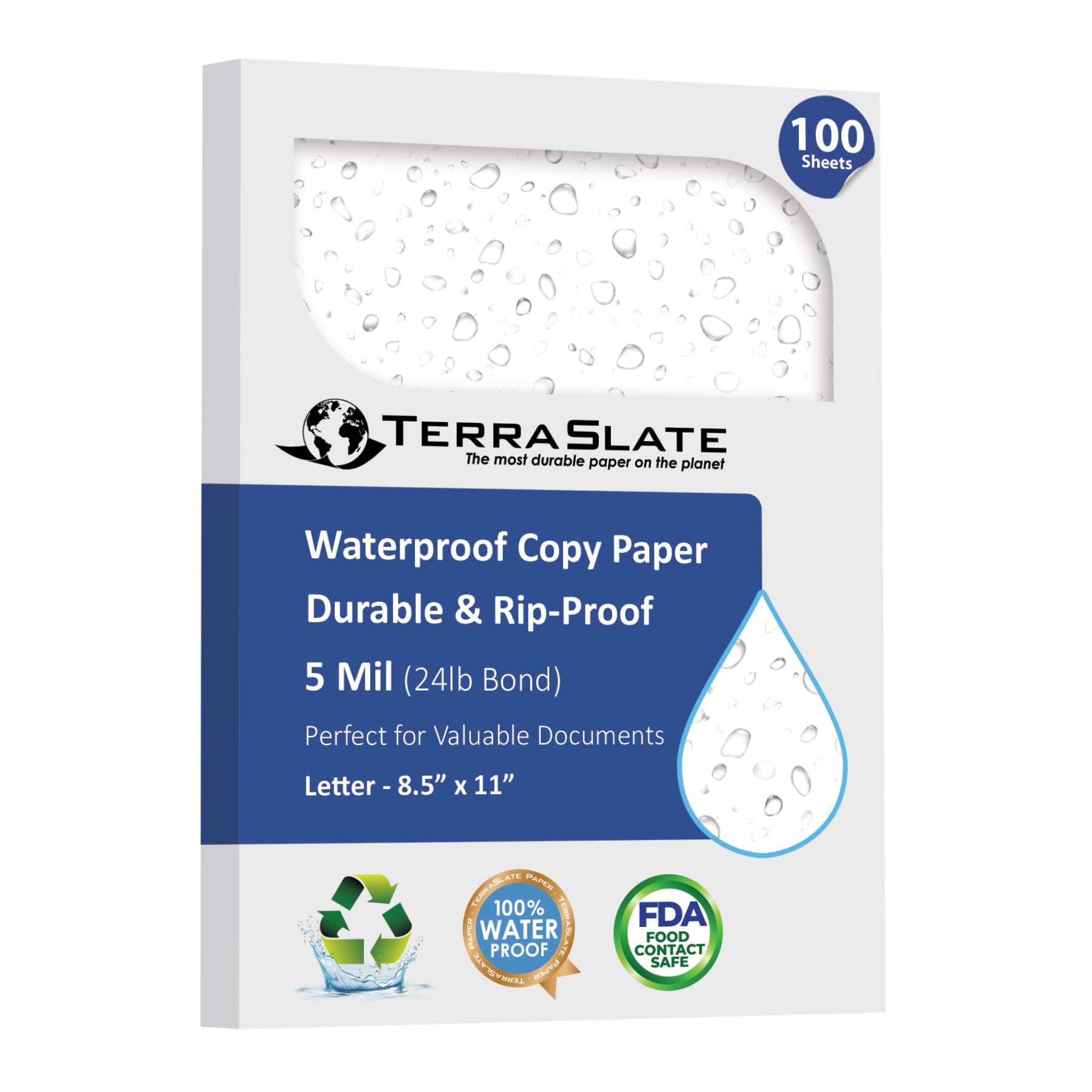 - TerraSlate Premium Waterproof Paper, 5 MIL 8.5” x 11”, Laser Printer & Copy Machine Compatible, Durable & Rain/Weather-Proof Copy Paper, White Paper (100 Sheets)