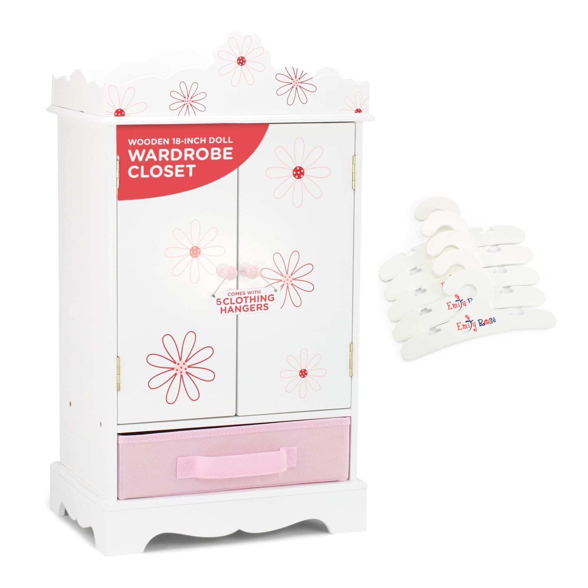 Emily Rose Floral 18" Doll Closet Armoire with 5 Notched Hangers – Enchanting Wooden Wardrobe from Trusted USA Woman-Owned Brand, Fits American Girl Doll Clothes Storage