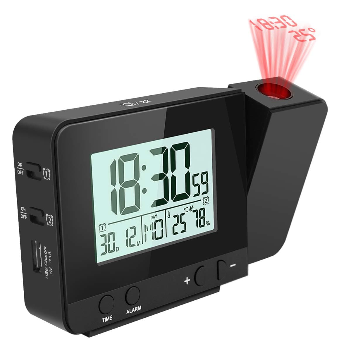 JhuaDigital Projection Alarm Clock Dimmable Alarm Clock with Indoor Temperature Hygrometer, USB Charger, LCD Display Dual Alarm Clocks for Bedrooms Ceiling Wall, DC & Battery Operated, Black