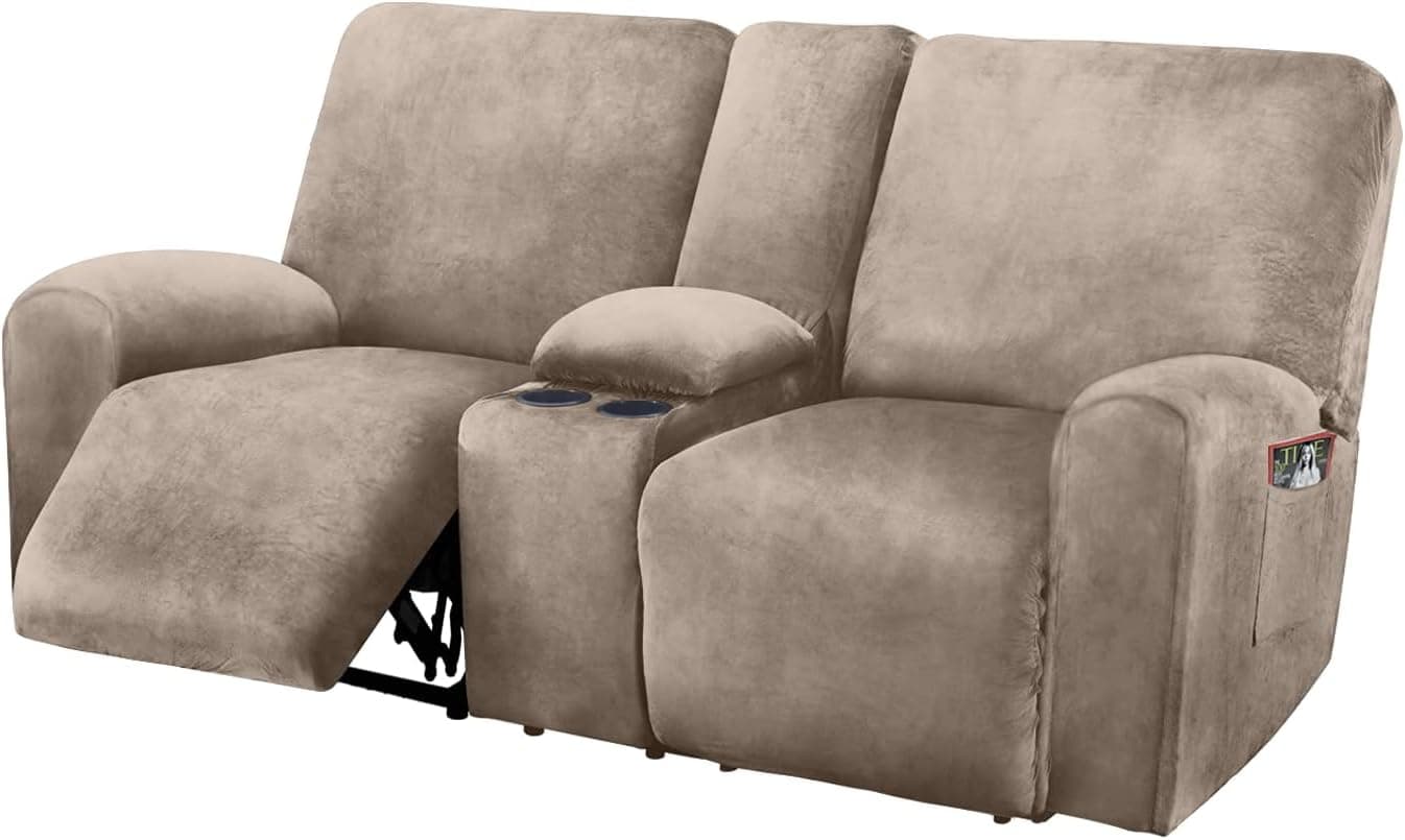 ULTICOR Reclining LoveSeat with Middle Console Slipcover, 8-Piece Velvet Stretch Loveseat Reclining Sofa Covers, 2 seat Love seat Recliner Cover, Thick, Soft, Washable, Love seat Slipcovers (Taupe)