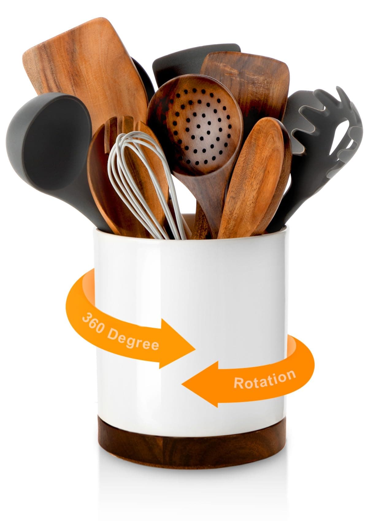 Nucookery 360° Rotating Utensil Holder, 7.2" Large Utensil Crock, White Ceramic Cooking Utensil Organizer with Countertop-Protection Cork Bottom for Farmhouse Kitchen Decor Gift (White)