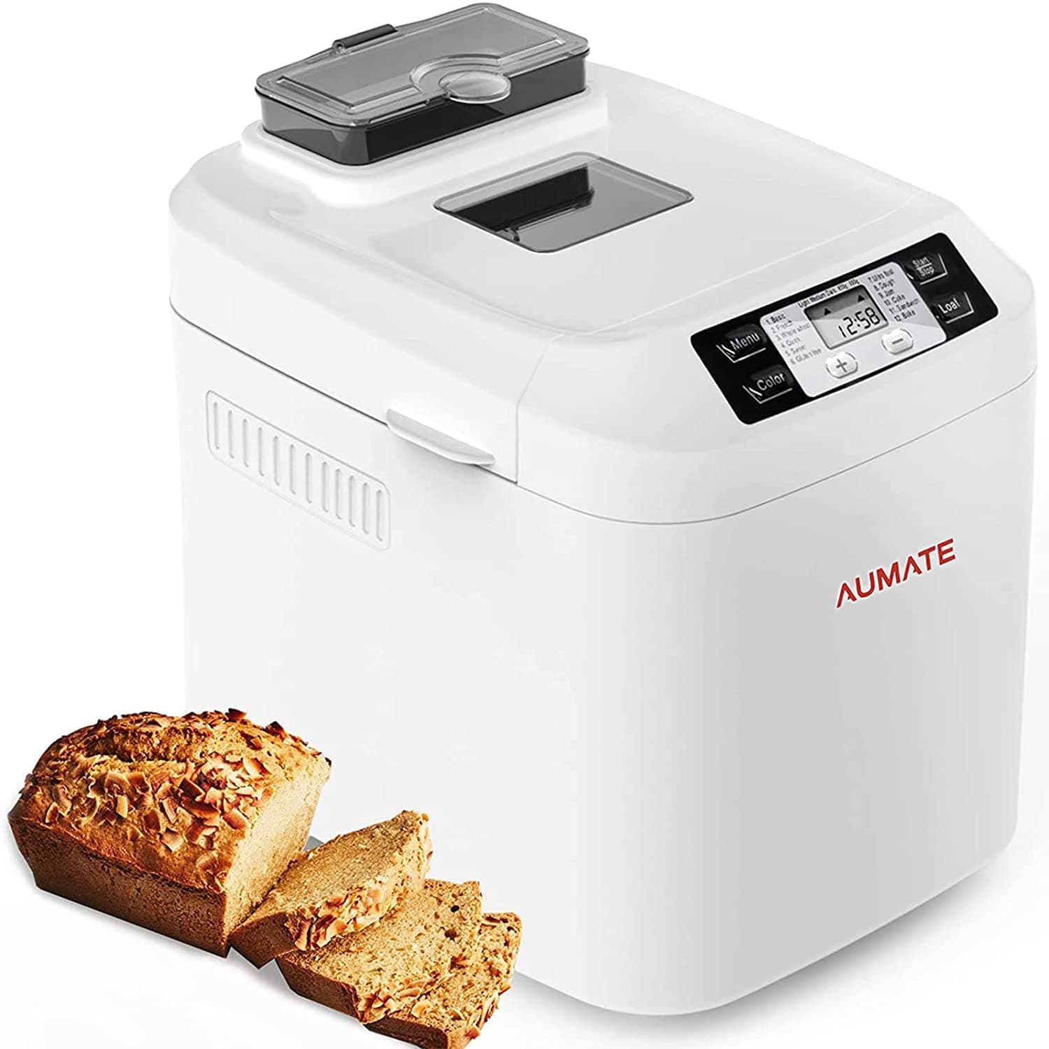 AUCMA Automatic Bread Maker Gluten Free Menu Bread Maker Machine 2LB, 12 Preset Functions Fast-Bake Breadmaker Beginner Friendly Bakery Bread Maker 2LB, 550W, White
