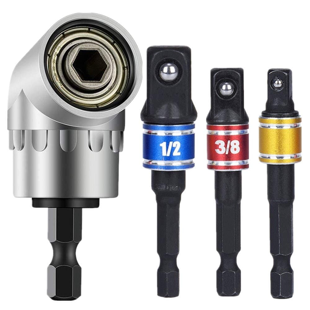 3Pcs Socket Adapter Impact Hex Shank Drill Bits Bar Set 1/4" 3/8" 1/2",1/4" Cr-V Hex Shank Impact Grade Socket Adapter/Extension Set+105 Right Angle Drill Driver Extension Screwdriver Drill Attachment