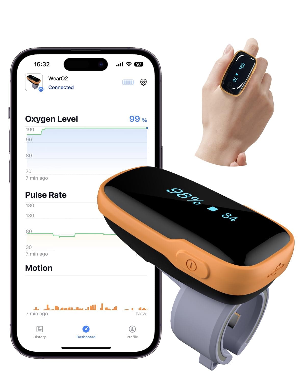 Vibeat Pulse Oximeter for 12 Hours Continuous Tracking, WearO2 Bluetooth Finger Oxygen Monitor, Notification of Low O2, Wearable Ring Blood Oxygen Meter, Free App & PDF Report