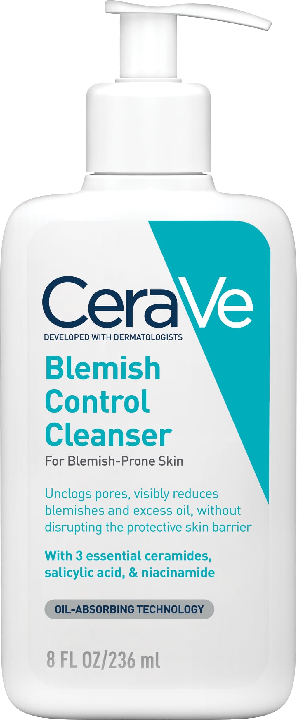 CeraVe Blemish Control Cleanser, 2% Salicylic Acid Face Wash with Niacinamide & 3 Essential Ceramides, Exfoliates & Clears Clogged Pores for Blemish-Prone Skin, Developed with Dermatologists, 236ml