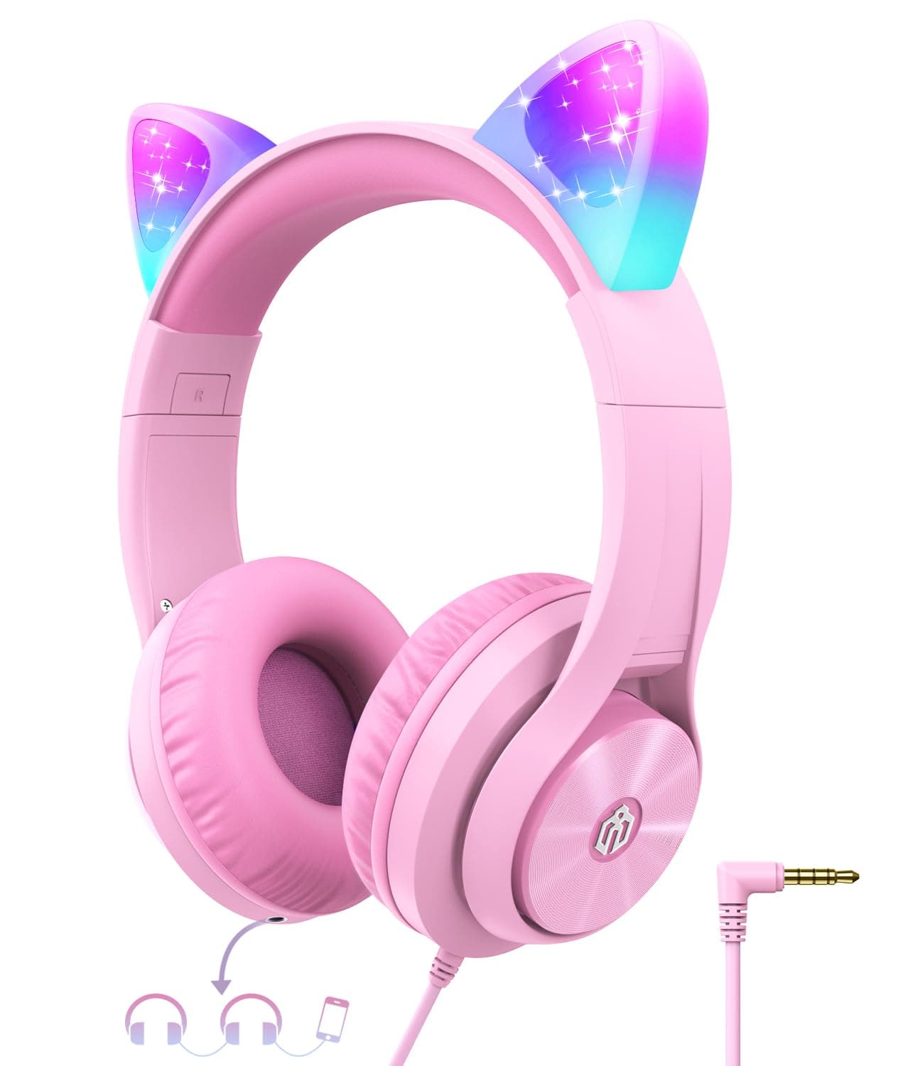 Kids Headphones with Cat Ear Led Light Up, Safe Volume Limite, FunShare, Foldable, Over-Ear Headphones for Kids for School/iPad/Tablet/Travel, Meow Donut-Pink
