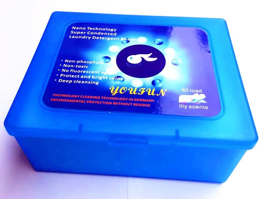 Youfun Nano Technology Super Condensed Laundry Detergent Sheets 3-in-1 laundry pacs: detergent, stain remover, brightener.60 load Laundry Revolution with travel bag 5 pieces color Graspers