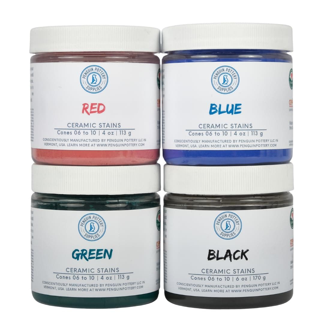 Penguin Pottery - Variety Set of 4 Ceramic Stains - 6 oz Black, 4 oz Each of Red, Blue and Green - Colorants for Clay, glazes, Clay Slip Pottery Glaze, Ceramic Glaze