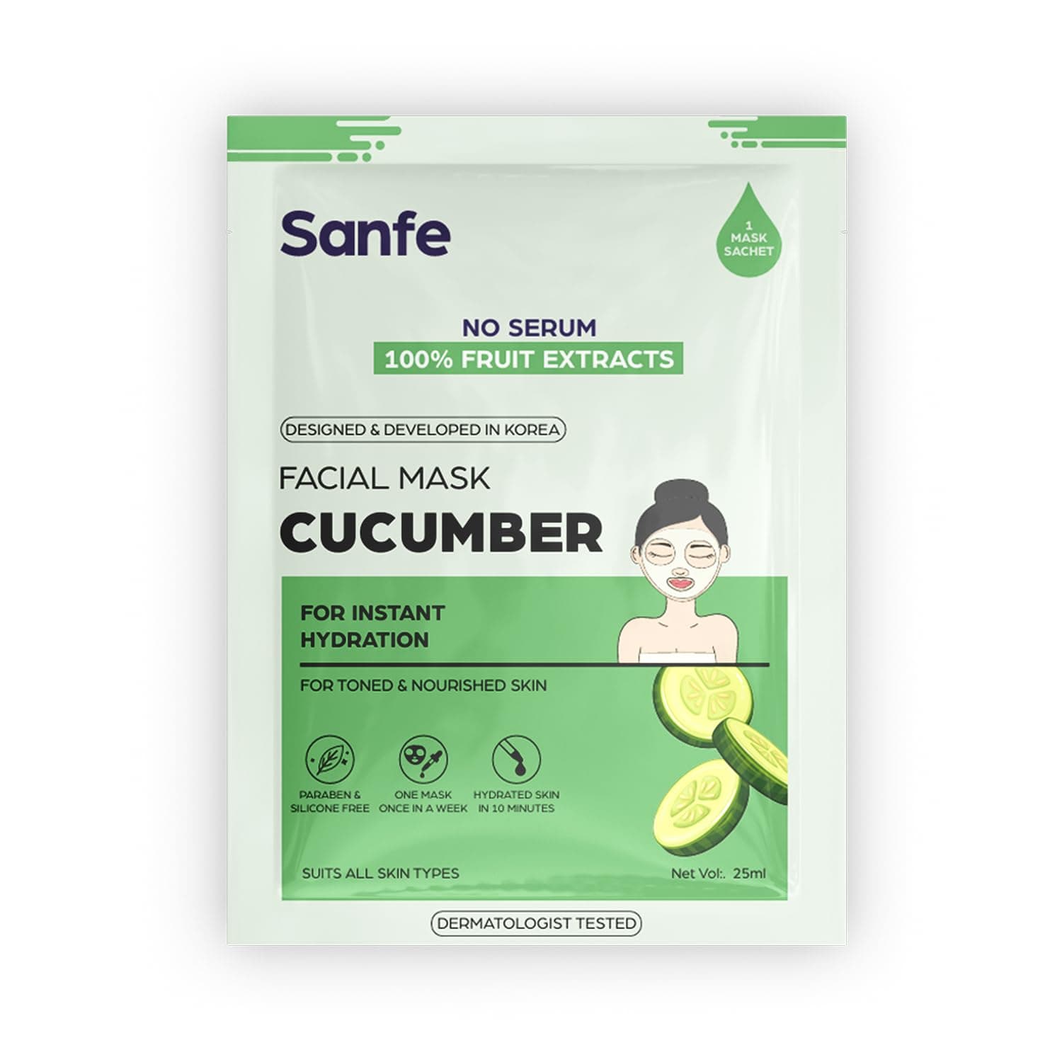 Sanfe Instant Hydration Cucumber Facial Mask | For toned & nourished skin | 100% fruit extracts, Korean Mask | 1pc, 25gm (Cucumber)