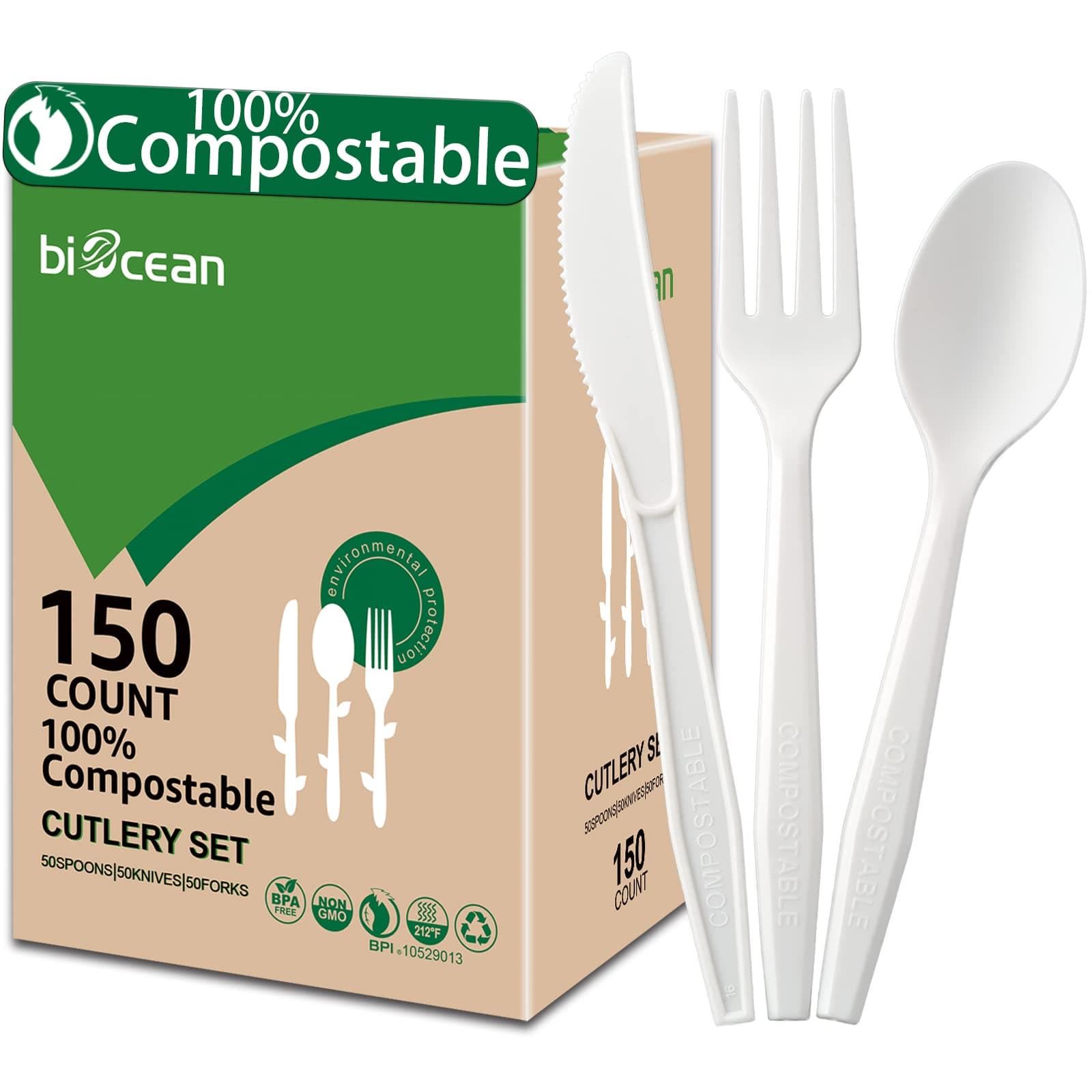 100%Compostable No Plastic Knives Disposable Forks Spoons Plastic Utensils, The Heavyweight Heavy Duty Flatware is Eco Friendly Products for Lounge Party Wedding BBQ Picnic Camping [150 Count]