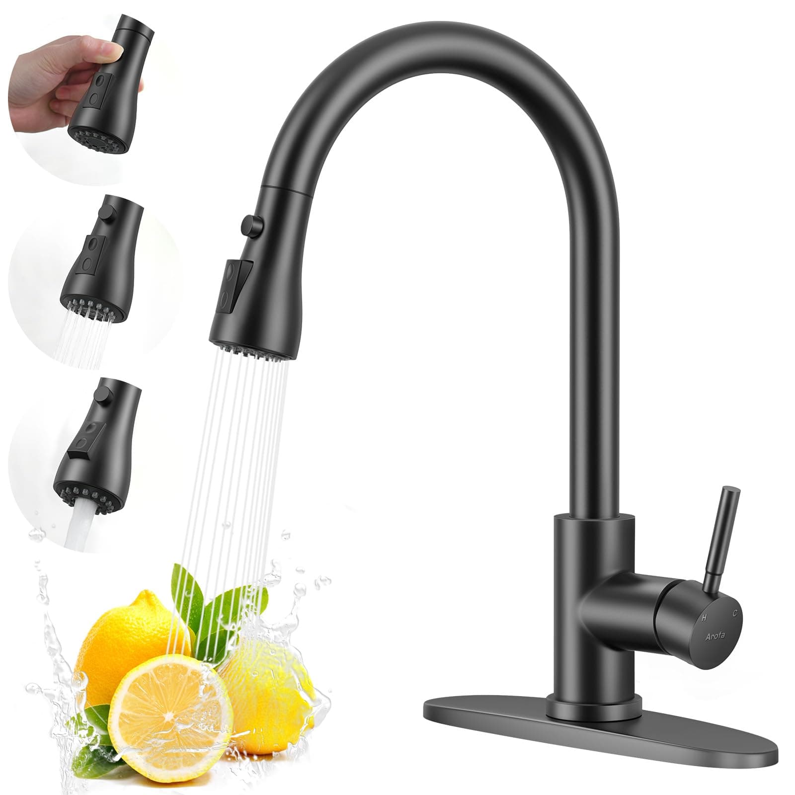 Pull Down Kitchen Sink Faucet - A02BY Contemporary Matte Black Single Handle Gooseneck Stainless Steel Pull Out Kitchen Faucet with Sprayer