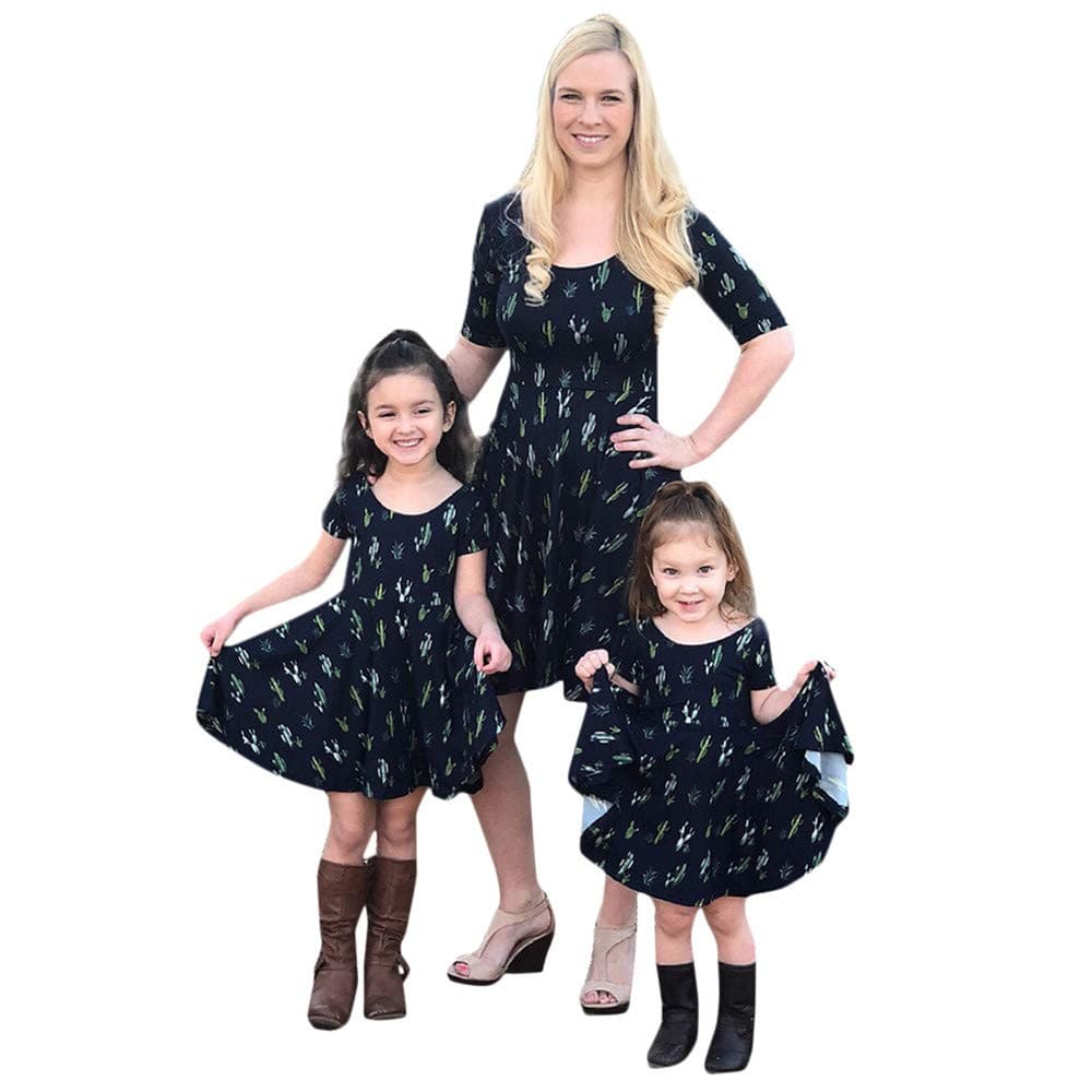 HOMEBABY BabyFamily Matching Clothes Summer Cactus Print Short Sleeve Dress Mother Daughter Dresses Vintage Retro Girls Kids Ladies Sundress Boho Tunic Dress Casual Birthday Princess Party Dress