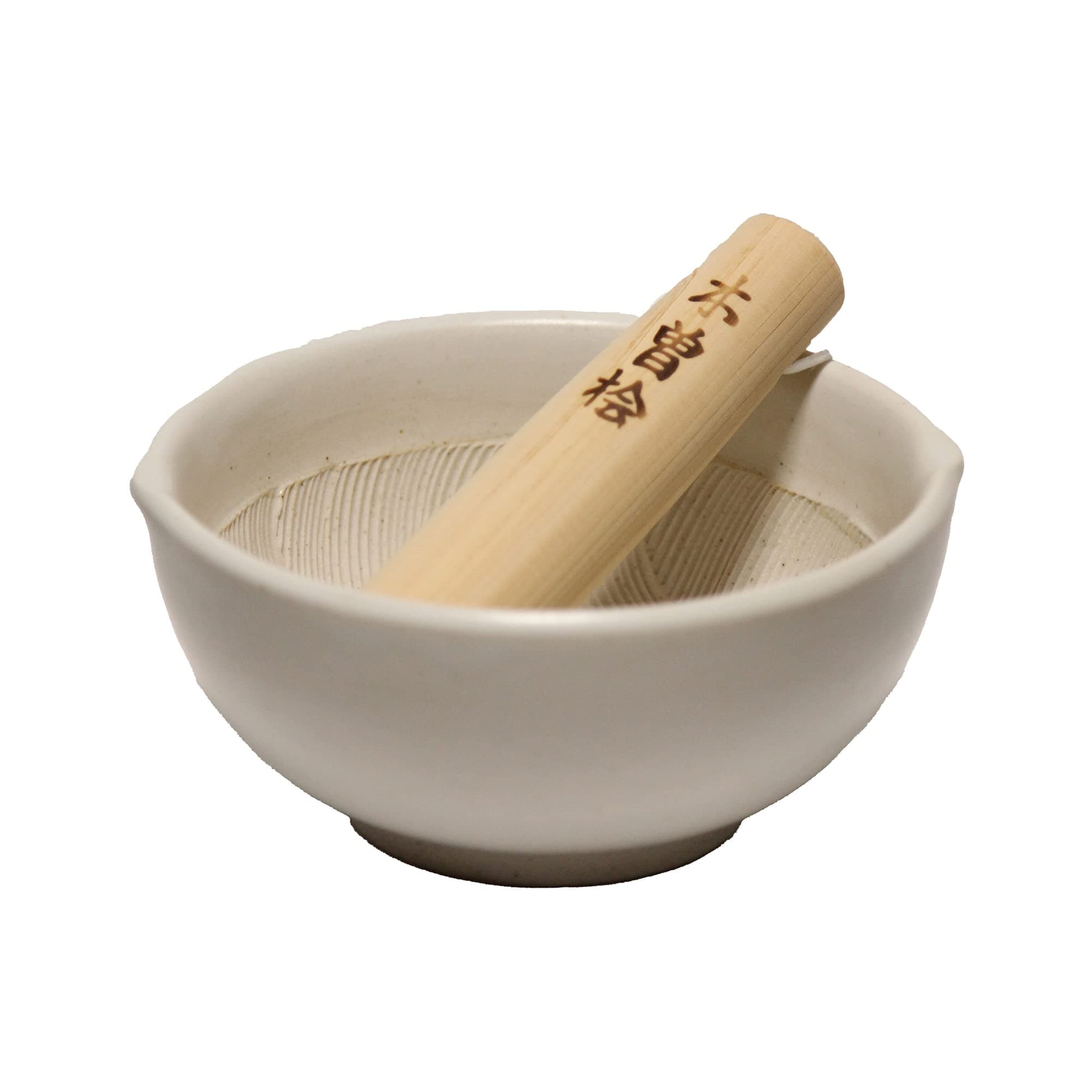 Made in Japan Ripple Ridge Mortar and Pestle (uribachi and Surikogi Set Small 4.92Inches for Both Right and Left Handed Ivory Authentic Mino Ware Pottery M87853