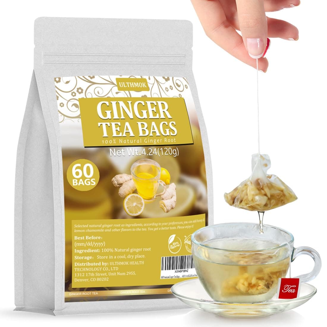 60 Premium Ginger Tea Bags, Made with 100% High-Spiciness Ginger Root, Full of Favor & Spicy, Support Digestion & Boost Immunity, No Additives & Caffeine Free.