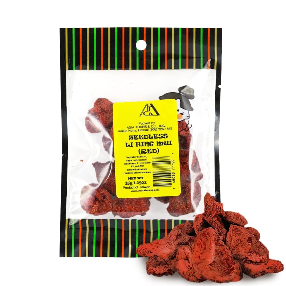 Seedless Red Li Hing Mui Crack Seed Plums | Hawaiian Favorite | Sweet, Sour, & Salty Dried Asian Plum Candy | 1.25 Ounce