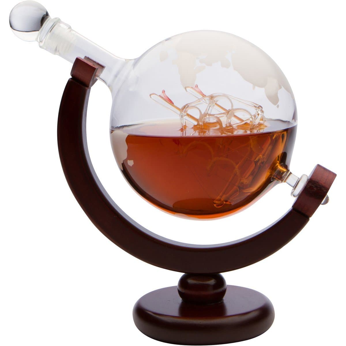 Monterey Crystal 850ml Etched Globe Whiskey Decanter with Antique Ship and Dark Finished Wood Stand