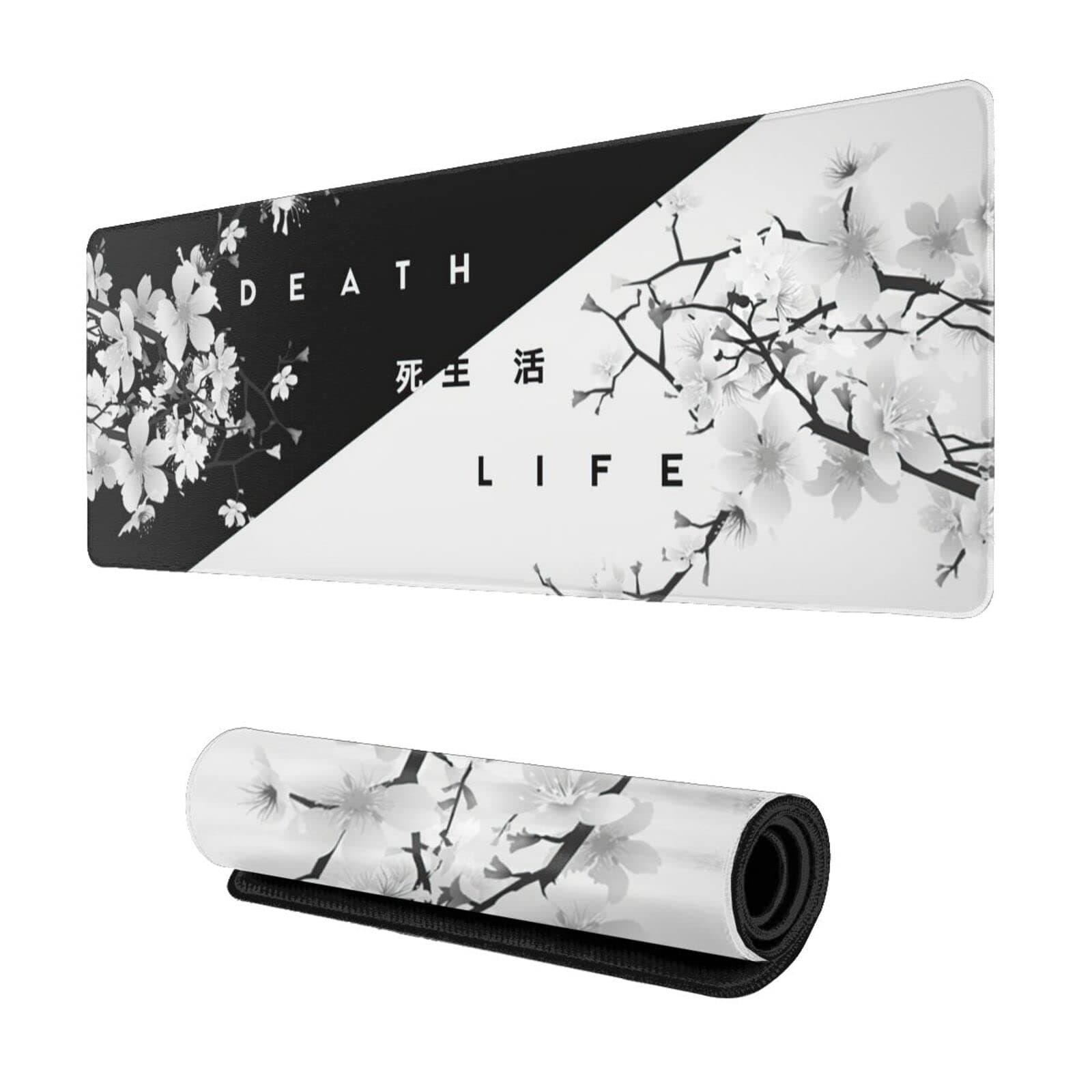 Black and White Cherry Blossom Gaming Mouse Pad XL, Extended Stitched Edges Mousepad,Large Mouse Mat Desk Pad, Long Non Slip Rubber Base Mice Pad（31.5 X 11.8 Inch）