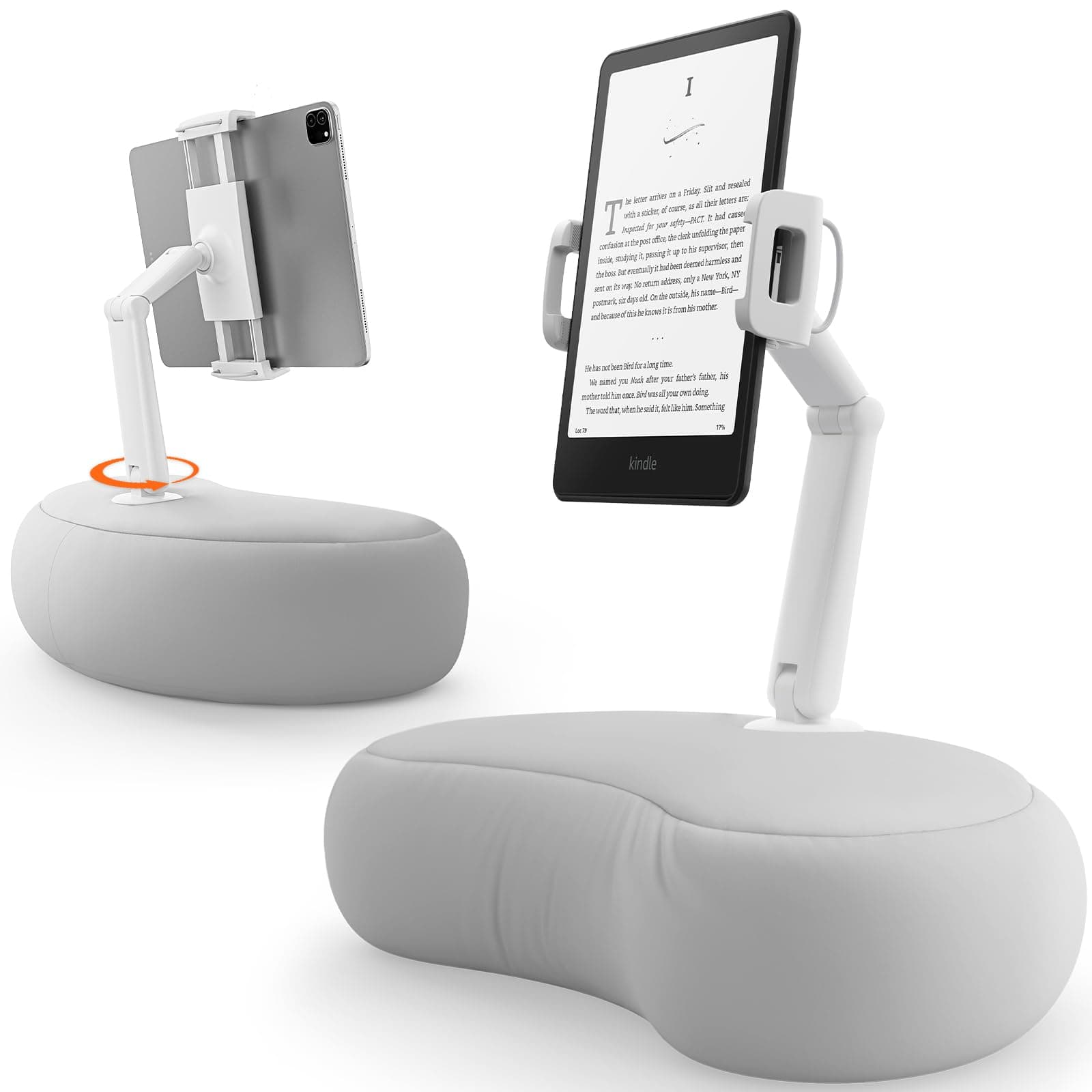 SAIJI Kindle Pillow Stand, iPad Stand Compatible with 4.7”-15.6” Kindle, Phone, iPad, 360° Adjustable Lap Beanbag Tablet Holder for Bed with Flexible Dual Axis Arm and Microbead Cushion (Gray)