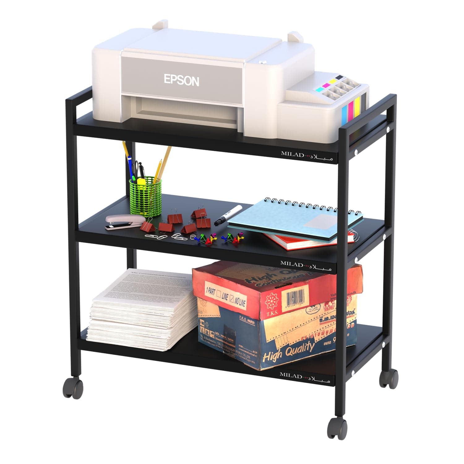 MILAD Metal Service Trolley On Wheels 3 Tier Trolley for Beauty Salon Kitchen Oven Stand Organizer Rolling Service Trolley(55 L x 40 w x 76 H CM's, Black)