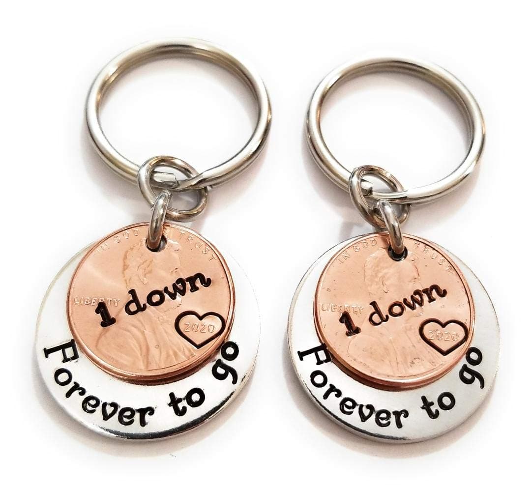 A Pair of 1 Year Down and Forever To Go 1st Anniversary Key Chains Lucky Pennies