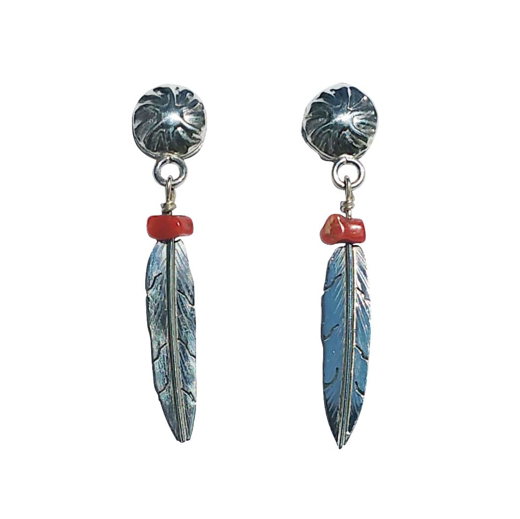 Small Sterling Silver Genuine Handcrafted Navajo Post Hanging Feather Sythetic Coral - Medium Size