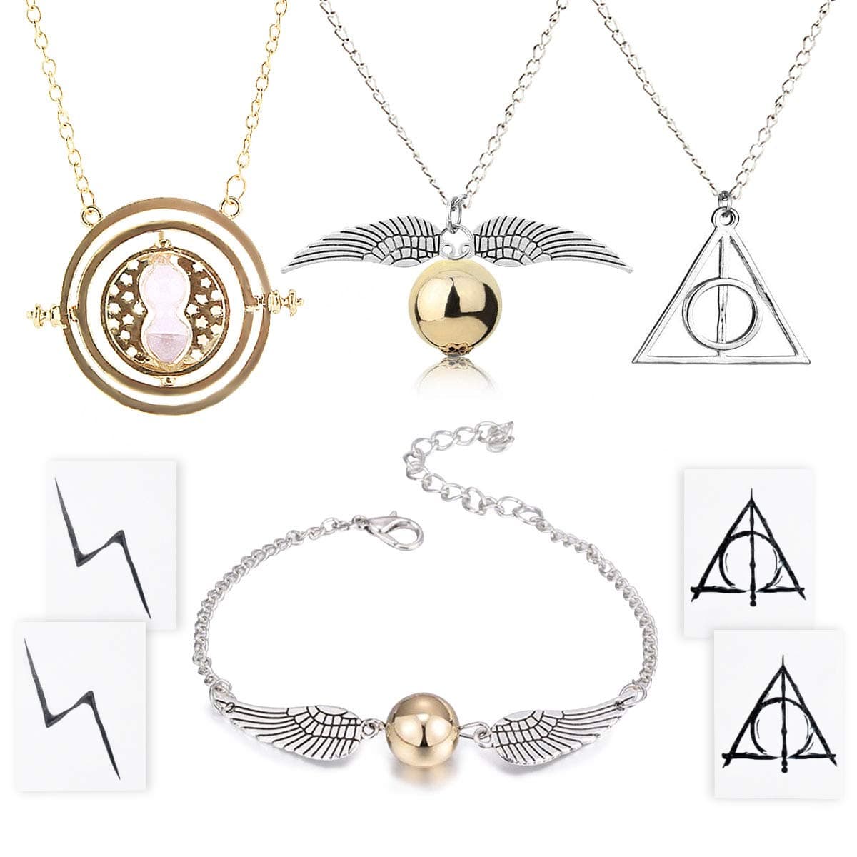 4 Piece Wizard Necklace Bracelet with The Deathly Hallows Golden Snitch Time Turner Chain Pendant Necklace for Harry Inspired Fans Gifts Collections