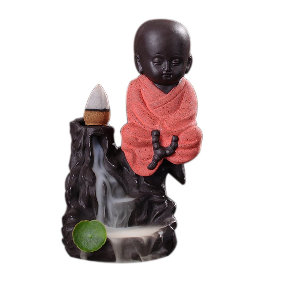 Ceramic Little Monk Smoke Backflow Cones Incense Burners Room Decoration Stick Holders (b, red)