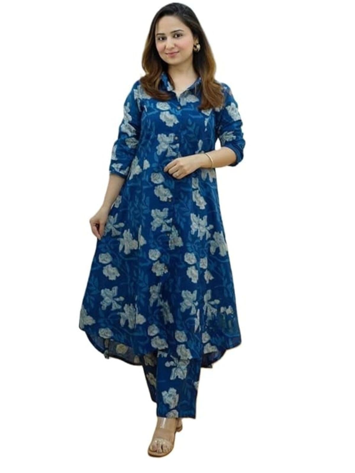 Leriya Fashion Women's Anarkali Rayon Floral Printed Kurta Pant Set | High-Low Hem & 3/4 Sleeves | Ethnic Co-ord for Festive & Casual Wear | Co ord Set For Women Stylish | 2 Piece Dress For Holiday Look & Puja