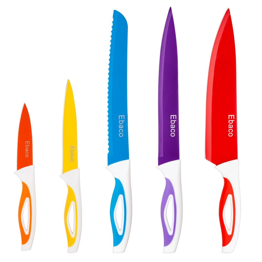 10 Piece Colorful Knife Set - 5 Kitchen Knives with 5 Knife Sheath Covers - Chef Knife Sets with Carving Serrated Utility Chef's and Paring Knives - Colored Knife Set with Matching Color Case