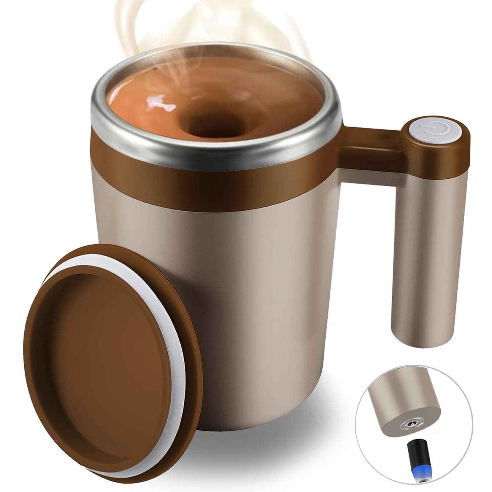 Self Stirring Mug,Rechargeable Auto Magnetic Coffee Mug with 2Pc Stir Bar,Waterproof Automatic Mixing Cup for Milk/Cocoa at Office/Kitchen/Travel 14oz Best Gift - Brown