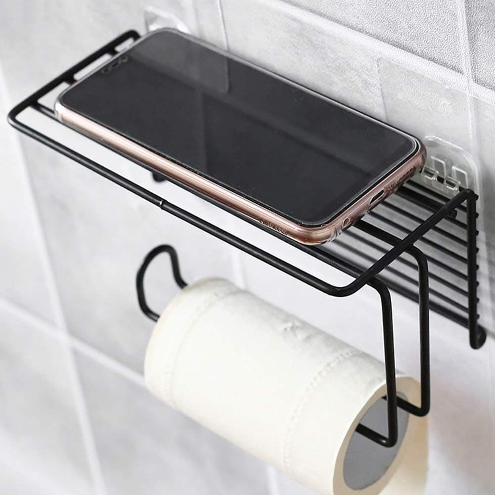 Zollyss1 Pc Adhesive Toilet Paper Holder with Shelf Tissue Paper Roll Towel Holder Storage Rack - (Standard Size, Black)