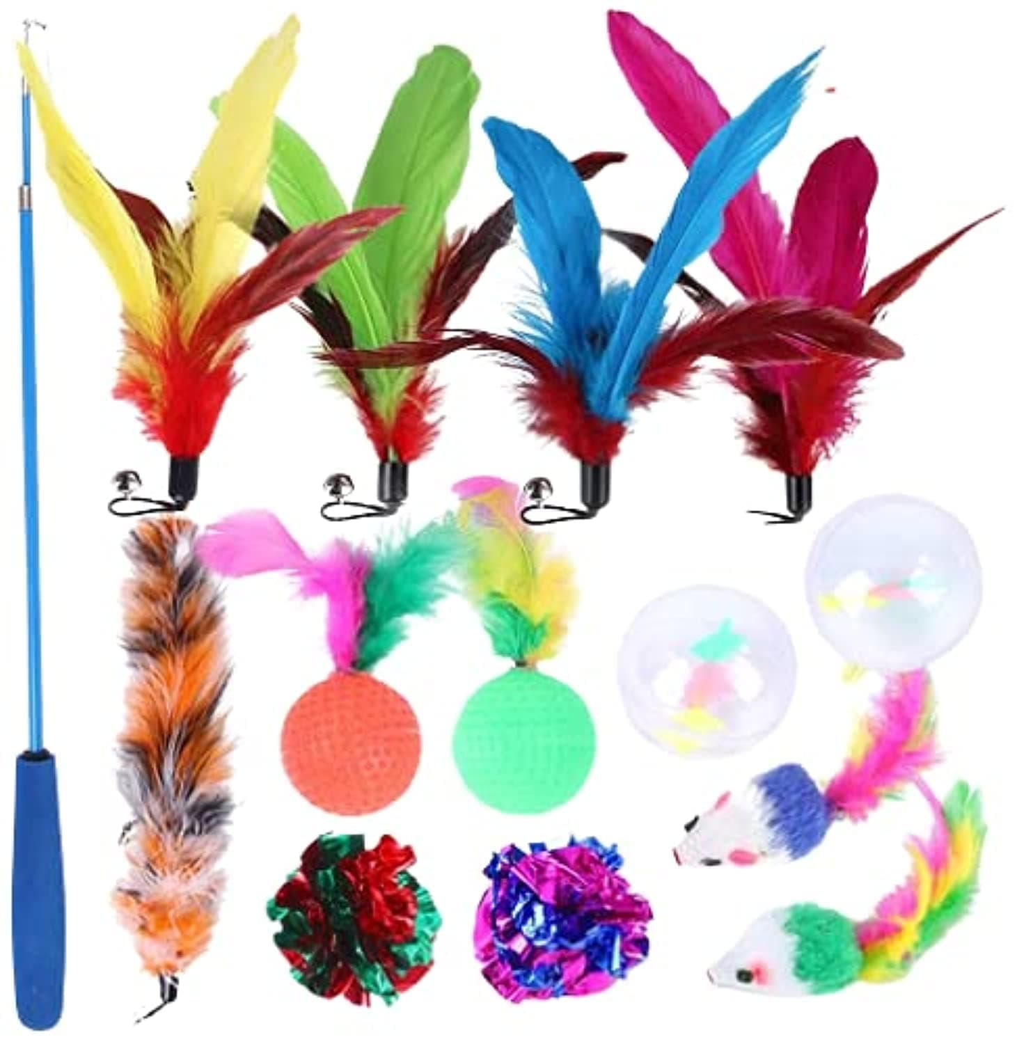 Cat Feather Toys,14pcs Interactive Cat Toys, Cat Teaser Wand with 5 Feathers, 2 Crinkle Balls, Feathers Balls, 2 mouse, 2 Clear Balls