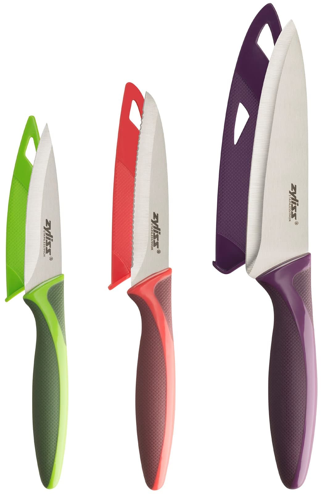 Zyliss 3 Piece Knife Set, Sharp Stainless Steel, Non Slip Soft Grip Handles, 3 x Professional Kitchen Knives with Protection Covers, Dishwasher Safe