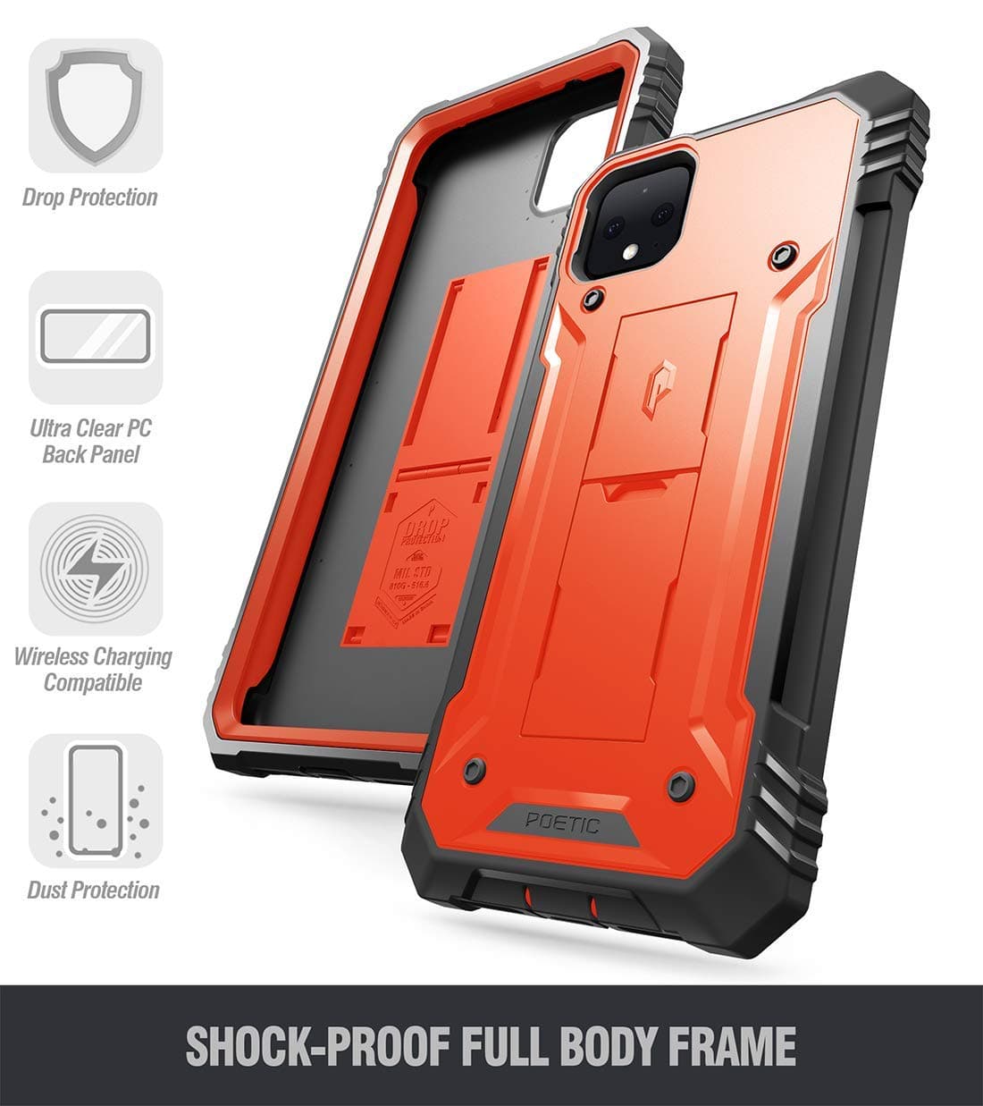 Poetic Revolution Series Case Designed for Google Pixel 4 XL 6.3 inch (2019 Release), Full-Body Rugged Dual-Layer Shockproof Protective Cover with Kickstand and Built-in-Screen Protector, Orange