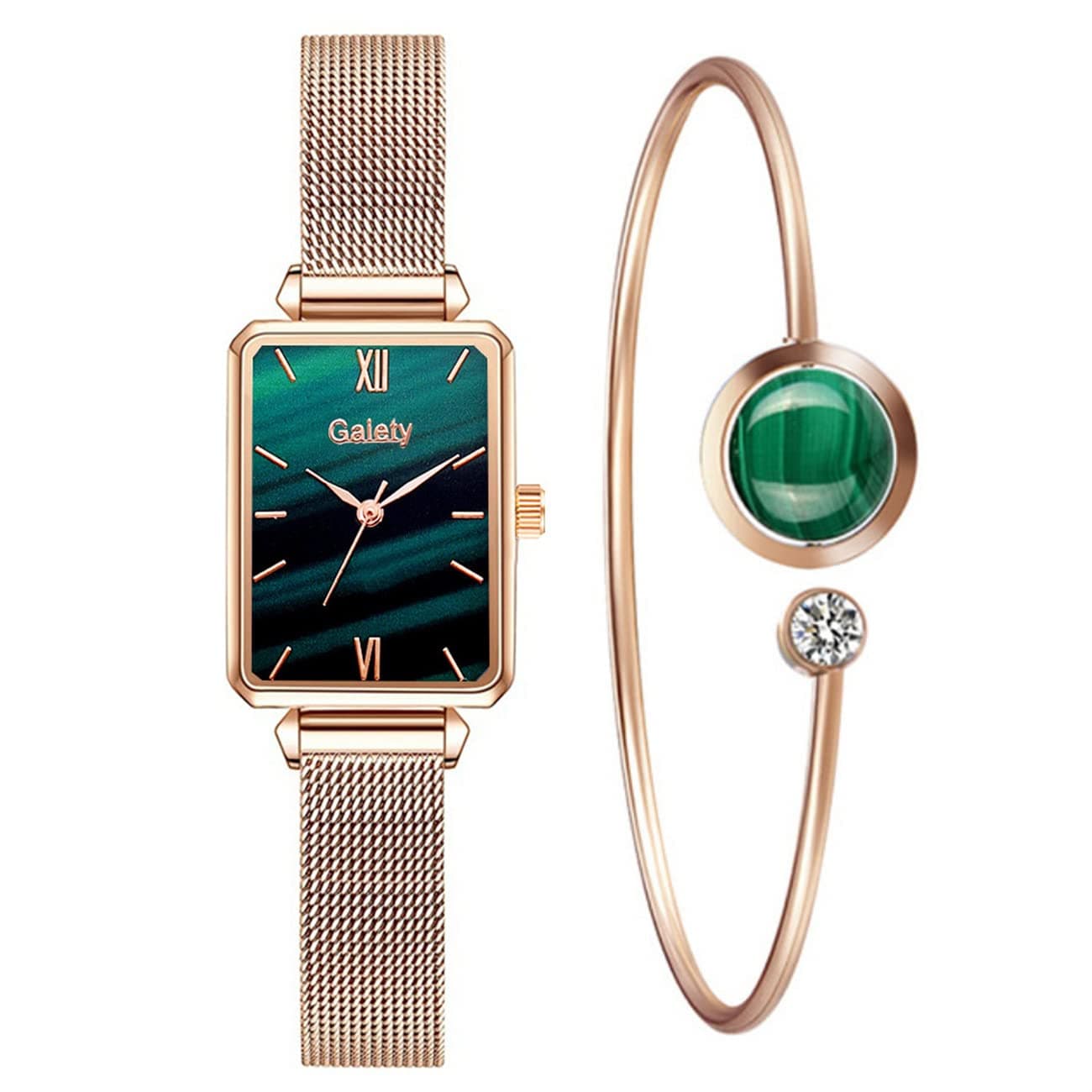Women Watche Alloy Mesh Strap Small Green Watch Bracelet Set Square Head Quartz Dress Wrist Watches