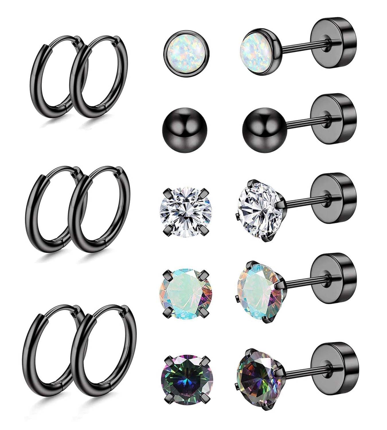 Surgical Steel Earrings for Sensitive Ears Hypoallergenic 20G Stainless Steel Stud Hoop Earrings for Women Men Small Opal Ball CZ Surgical Steel Flat Back Earrings Cartilage Earrings Hoop Stud