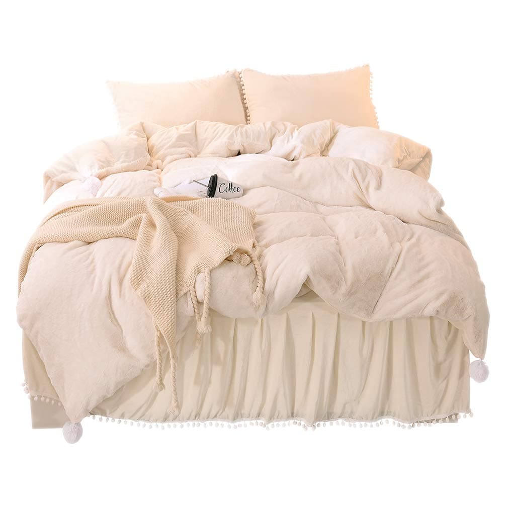 YOUHAM Faux Rabbit Fur Crystal Velvet Reversible Bedding Sets Fluffy Pompom Duvet Cover Sets Solid Zipper Closure (King, Light Beige)