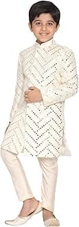 VASTRAMAY Boys' Silk Blend Indowestern Sherwani Set with Mirror Work and Pant Style Pyjama