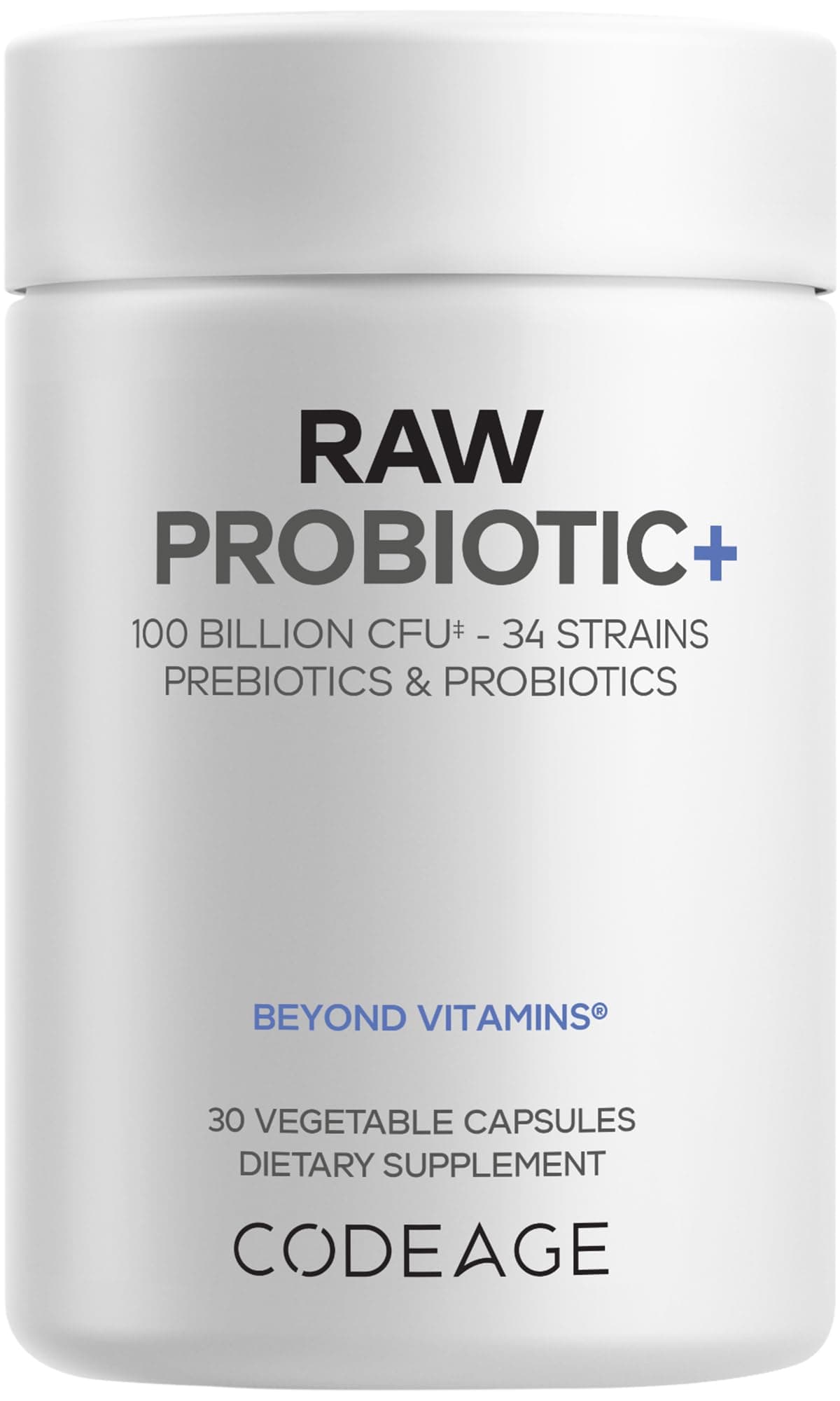 Raw Probiotic+ Supplement - 34 Probiotic Strains, 100 Billion CFUs, Raw Whole Food Probiotics, Digestive Enzymes, Raw Fruits & Veggies Prebiotics - Wild Kefir Culture - Non-GMO - 30 Capsules