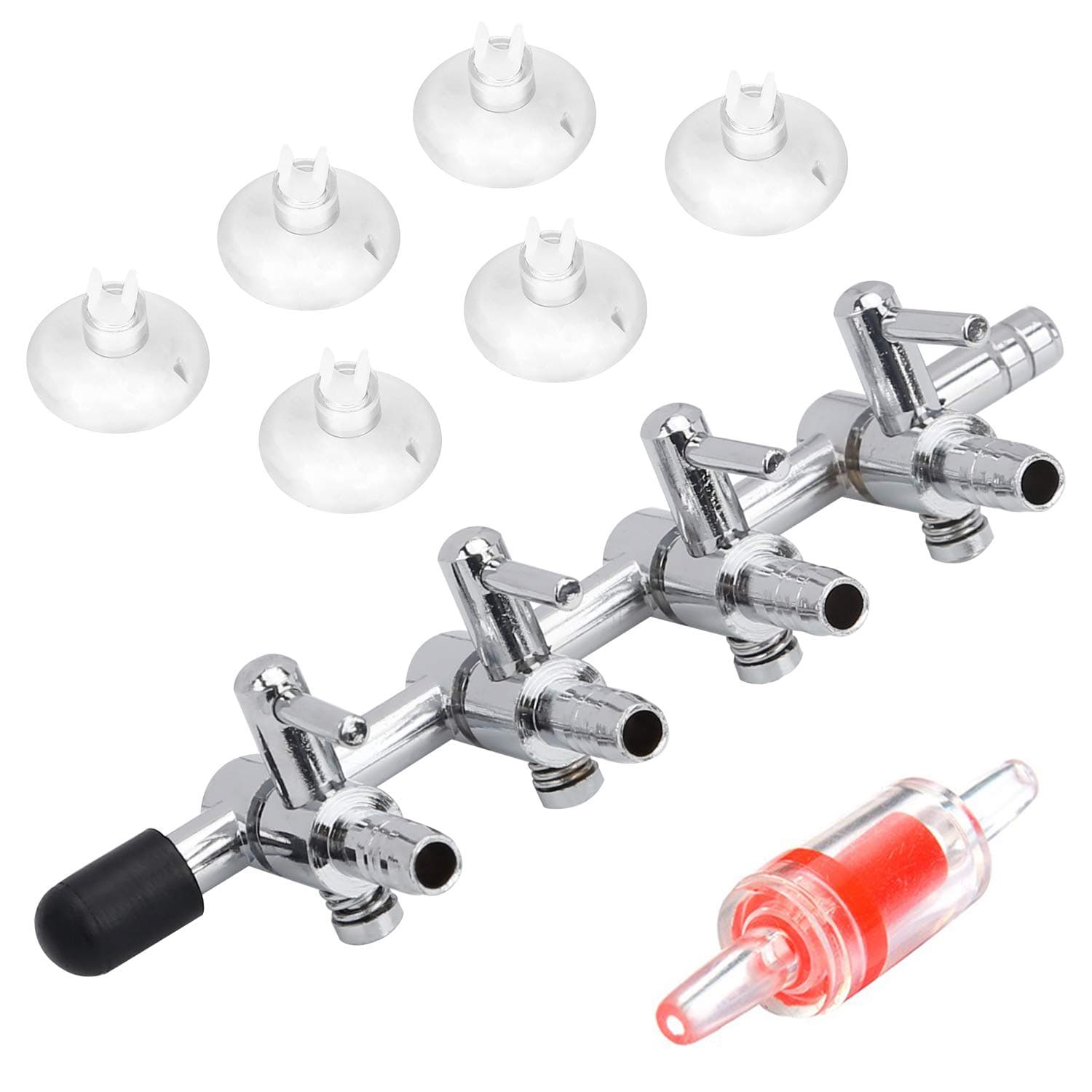 Pawfly 4-Way Aquarium Air Flow Control Lever Valve Distributor Splitter with 1 Non-return Check Valve and 6 Suction Cups