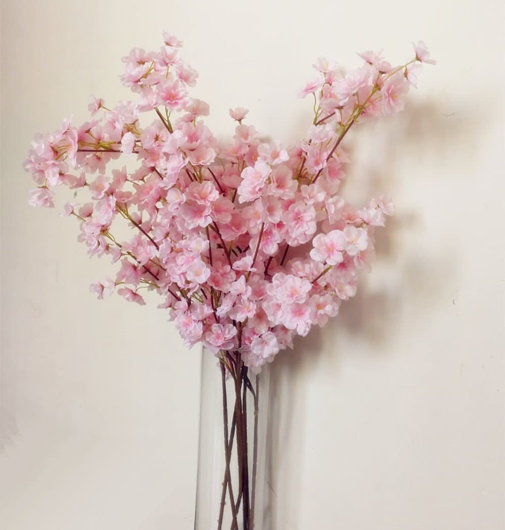 jiumengya 6pcs Pink Cherry Flower Tree Stem Fake Pleiopetalous Sakura Branch for Wedding Party Home Artificial Decorative Flowers (Pink)