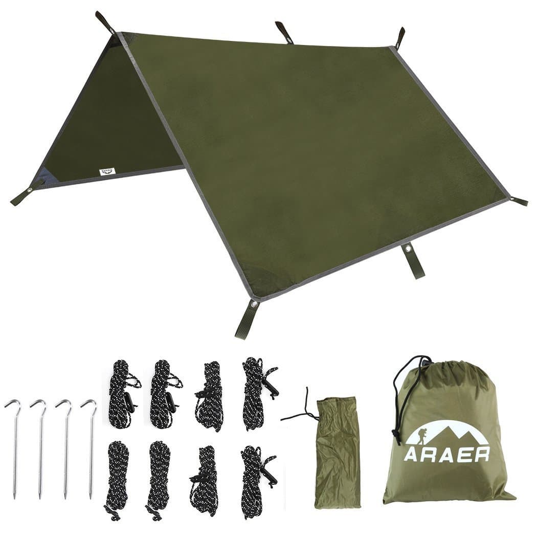 Camping Tent Tarps Waterproof Windproof Snowproof Hammock Rain Fly Shelter Ripstop Sunshade with 4 Stakes and 8 Ropes Carrying Bag, Portable Lightweight Anti UV for Outdoor Travel Picnic, 114" x 114"/9.5ftx9.5ft