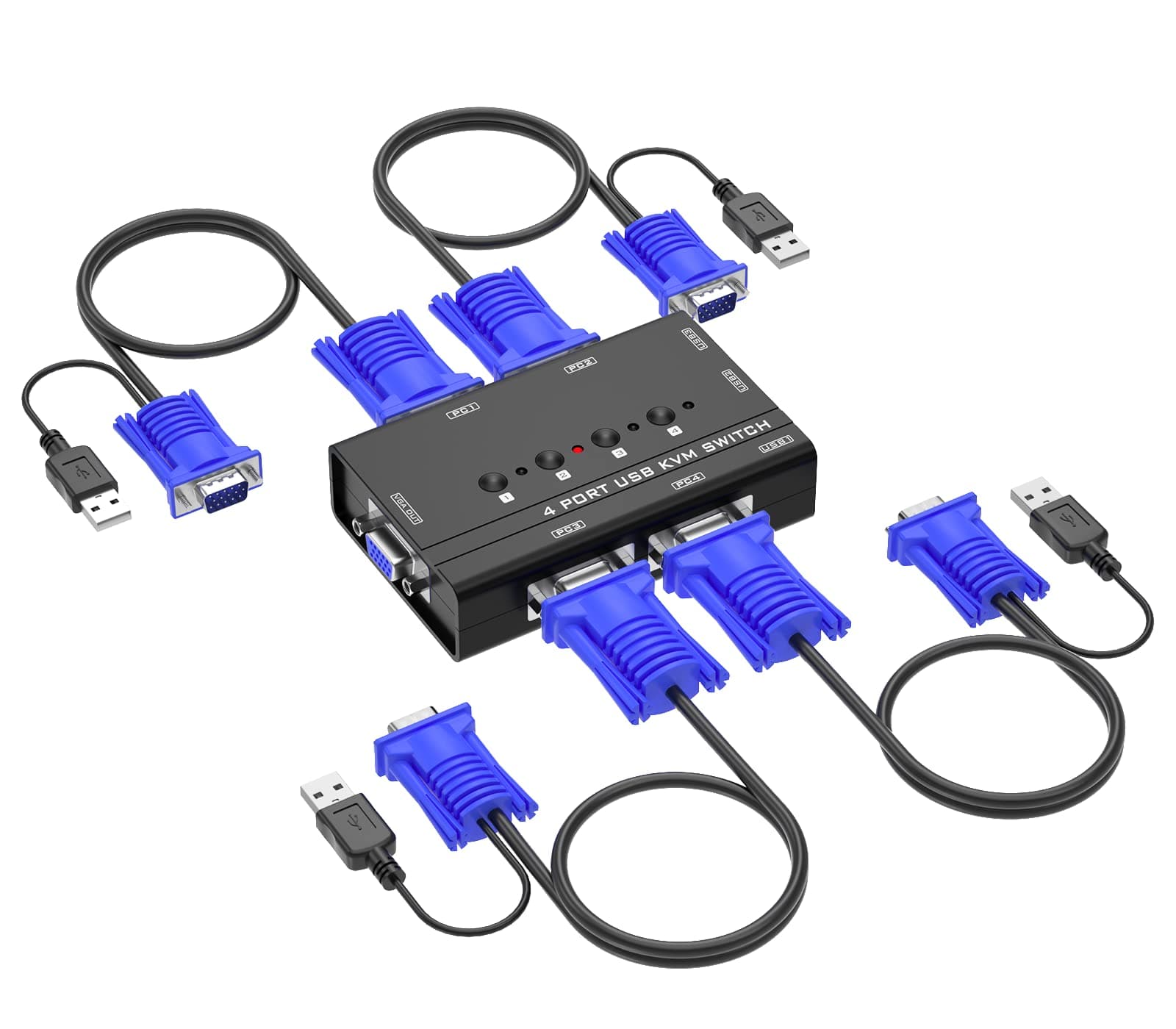 VGA KVM Switch, 4 Port USB VGA KVM Switch, with 4 KVM Cables and 3 USB Hubs, Share 1 Monitor for 4 PCs Keyboard and Mouse