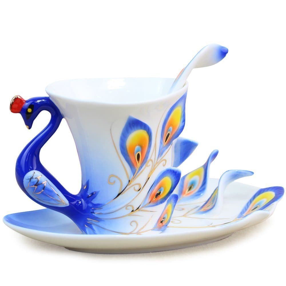 vanki 1 pc Collectable Fine Arts China Porcelain Tea Cup and Saucer Coffee Cup Peacock Theme Romantic Creative Present,Blue