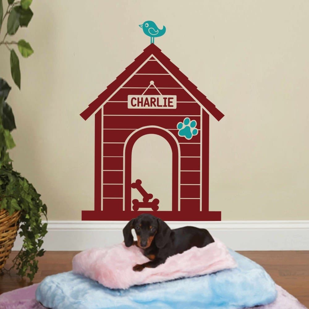 MairGwall Modern Dog House Indoor: Custom Dog Name Sign Wall Decal - House:Dark Red,Bird & Paw:Teal (49" hx35 w)