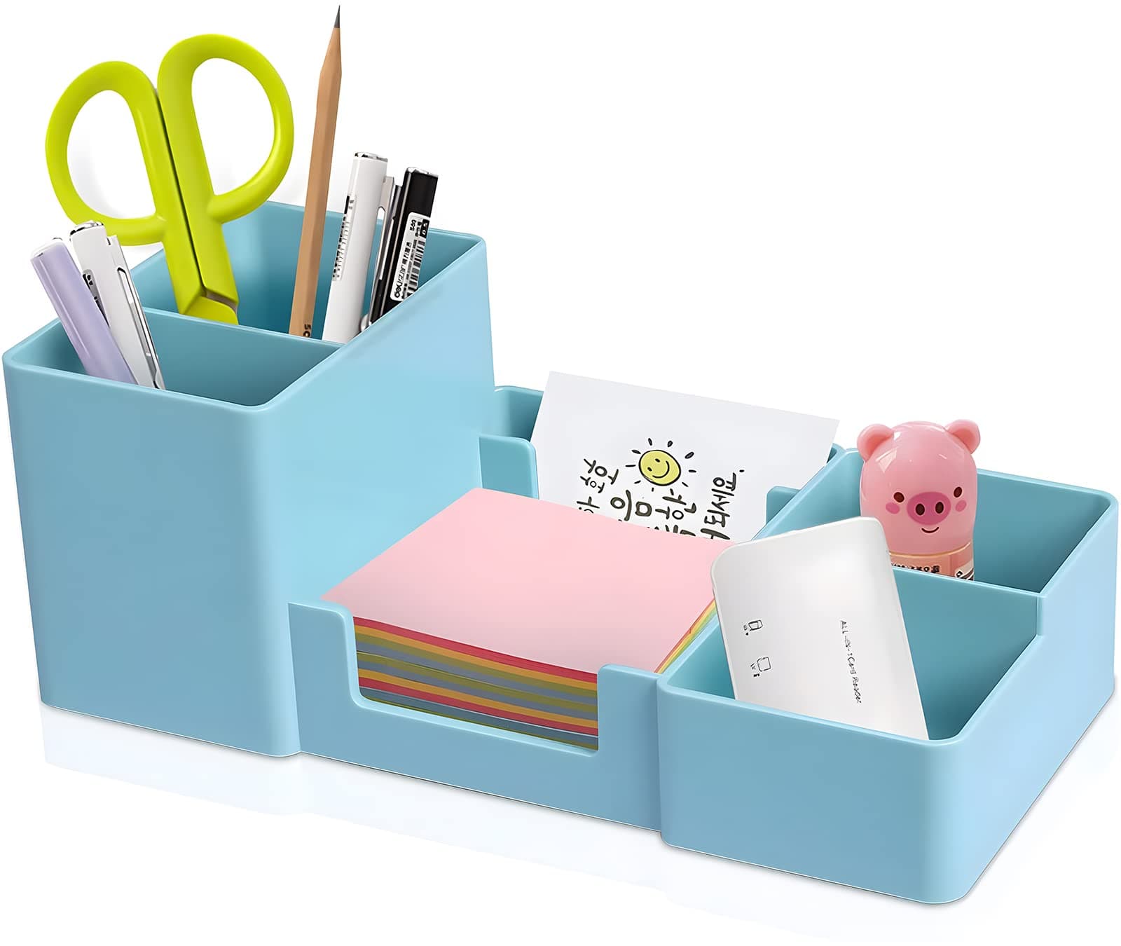 Desk Organizer, Office Supplies Caddy Pencil Holder for Desk, Desktop Organizer with Pen Holder, Sticky Note Holder, Paperclip Holder, Desk Accessories and Workspace Organizers, 6 Compartments, Blue