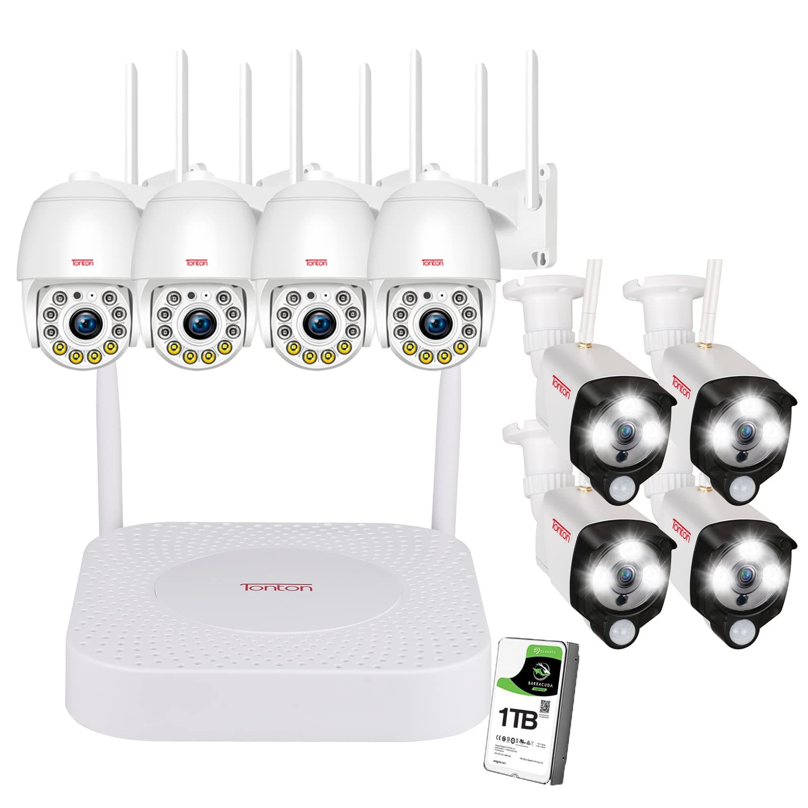 Tonton 10CH CCTV Camera System Wireless Outdoor, 5MP NVR with (4) 3MP PT Cameras and (4) 3MP Bullet IP Cameras, Motion Detection, P2P Remote View, 2-Way Audio, Color Night Vision, 1TB Hard Drive
