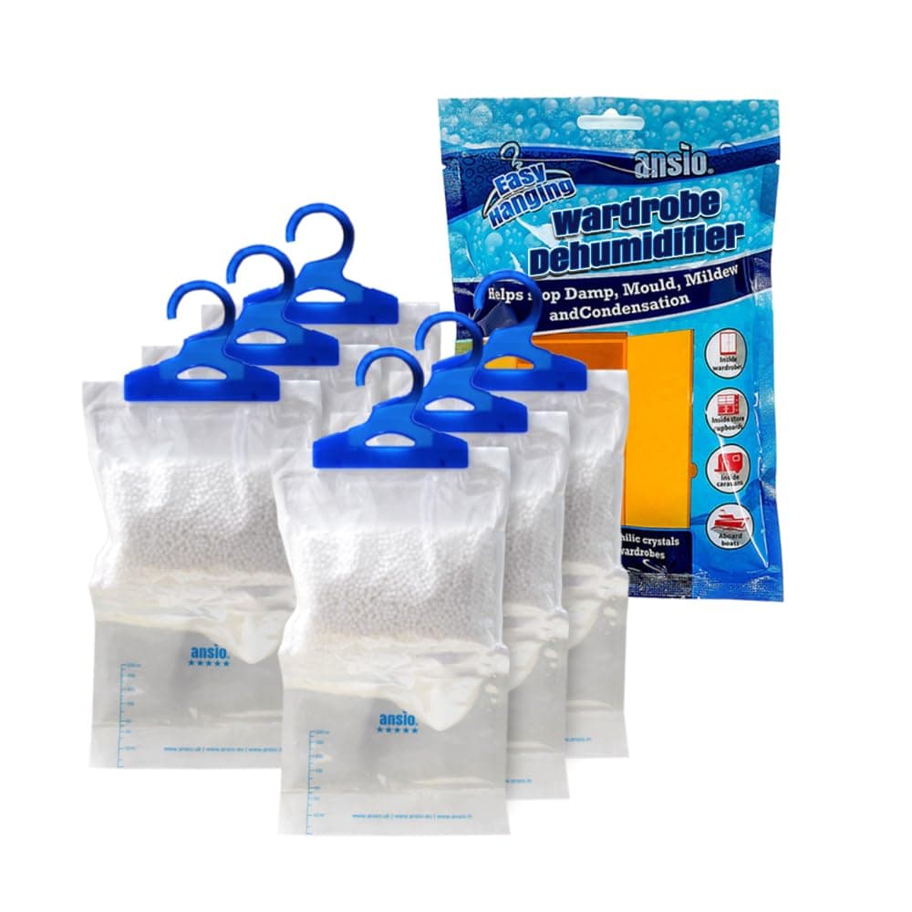 ANSIO Wardrobe Dehumidifier Hanging Bags Pack of 6, Trap, Condensation, Dehumidifiers for Damp, Mould, Bedroom, Caravan, Bathroom, Basement, Office – 210g Each